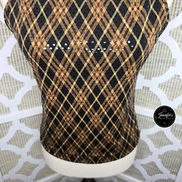 Express NWT Black/Gold/Brown Argyle Sequin Shimmer Tank Top Size Medium - Picture 7 of 13